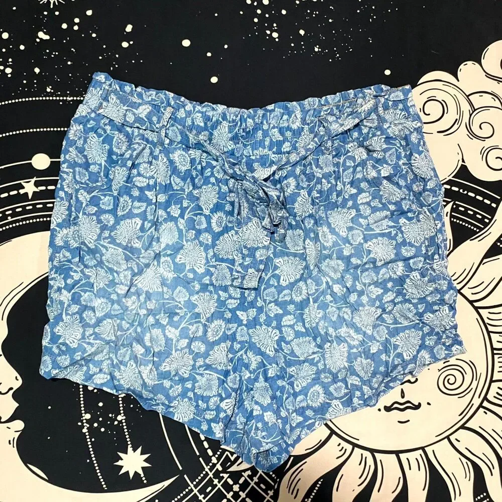 Knox Rose Paperbag Shorts Women's 2XL Blue Chambray Floral Over-All Drawstring